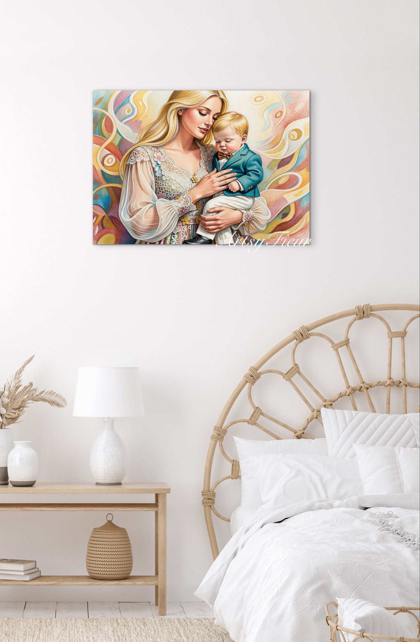Framed canvas - ready to hang wall art, mother and son abstract portrait beautiful baby boy blonde hair beautiful woman coloured crayons fantasy drawing motherhood mothers day gift
