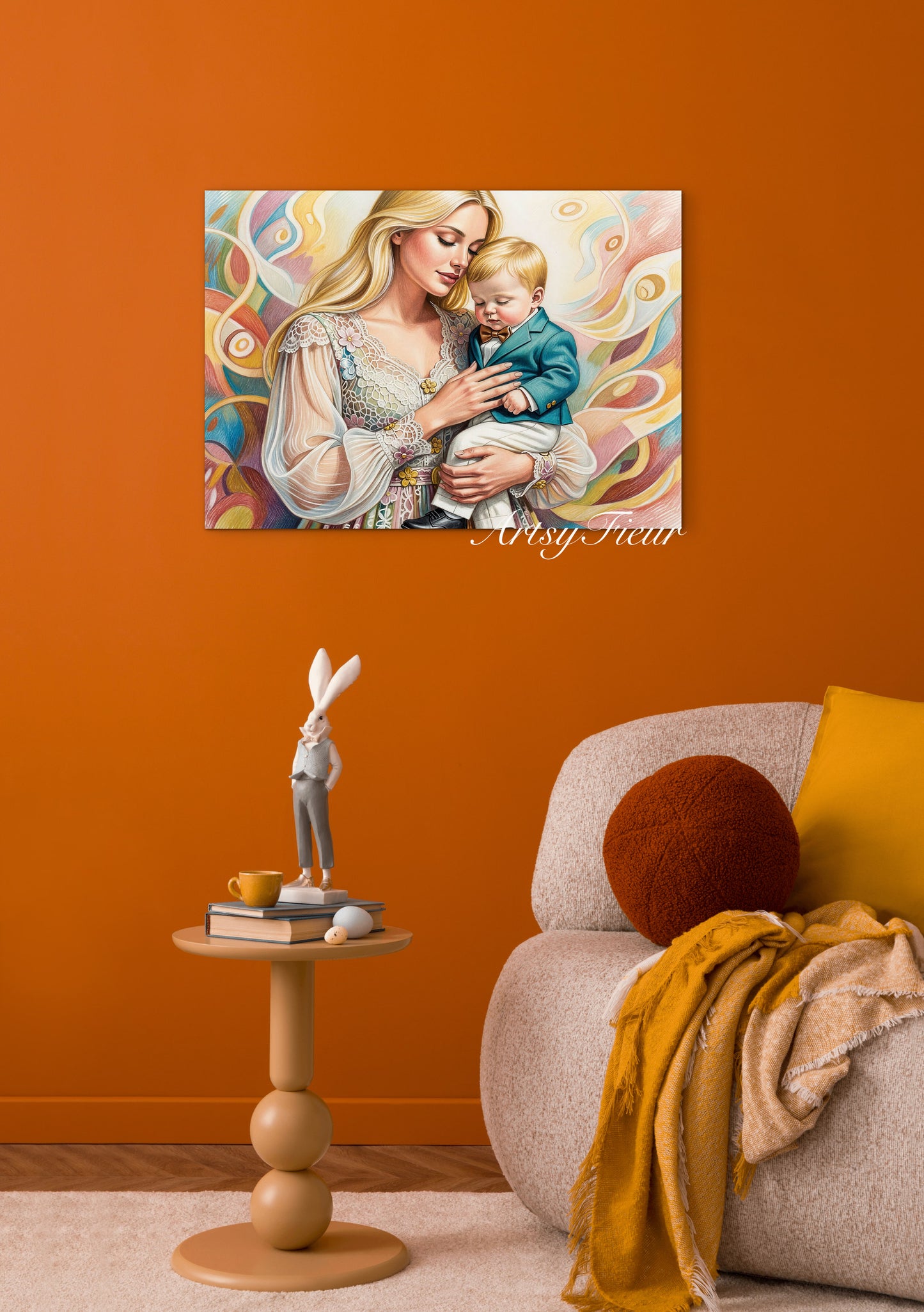 Framed canvas - ready to hang wall art, mother and son abstract portrait beautiful baby boy blonde hair beautiful woman coloured crayons fantasy drawing motherhood mothers day gift
