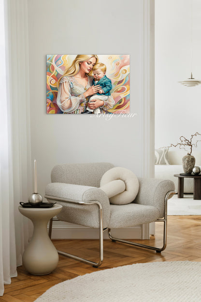 Framed canvas - ready to hang wall art, mother and son abstract portrait beautiful baby boy blonde hair beautiful woman coloured crayons fantasy drawing motherhood mothers day gift