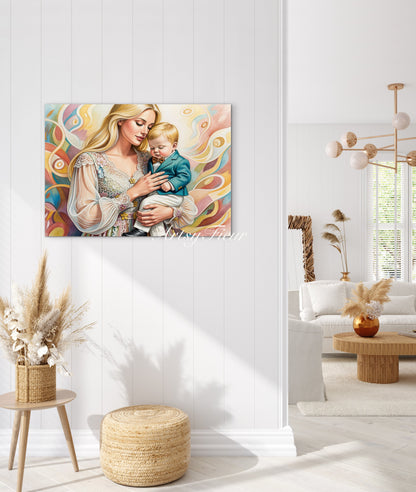 Framed canvas - ready to hang wall art, mother and son abstract portrait beautiful baby boy blonde hair beautiful woman coloured crayons fantasy drawing motherhood mothers day gift