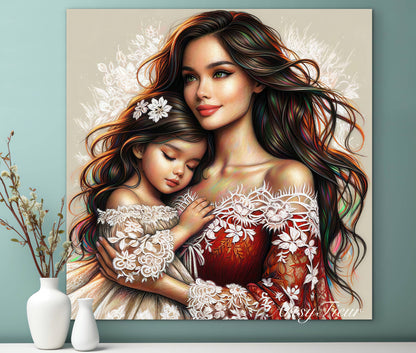 Framed canvas- ready to hang wall art print, abstract colourful mother and daughter portrait original artwork, vibrant colours, fantasy coloured crayons drawing, brunette dark hair mum and baby daughter, motherhood, mothers day gift, unique one of a kind