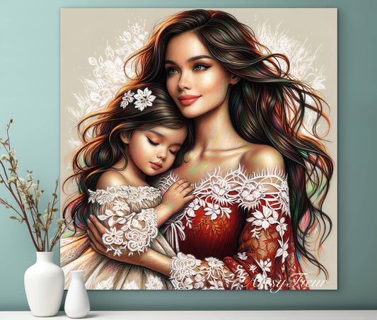 Framed canvas- ready to hang wall art print, abstract colourful mother and daughter portrait original artwork, vibrant colours, fantasy coloured crayons drawing, brunette dark hair mum and baby daughter, motherhood, mothers day gift, unique one of a kind