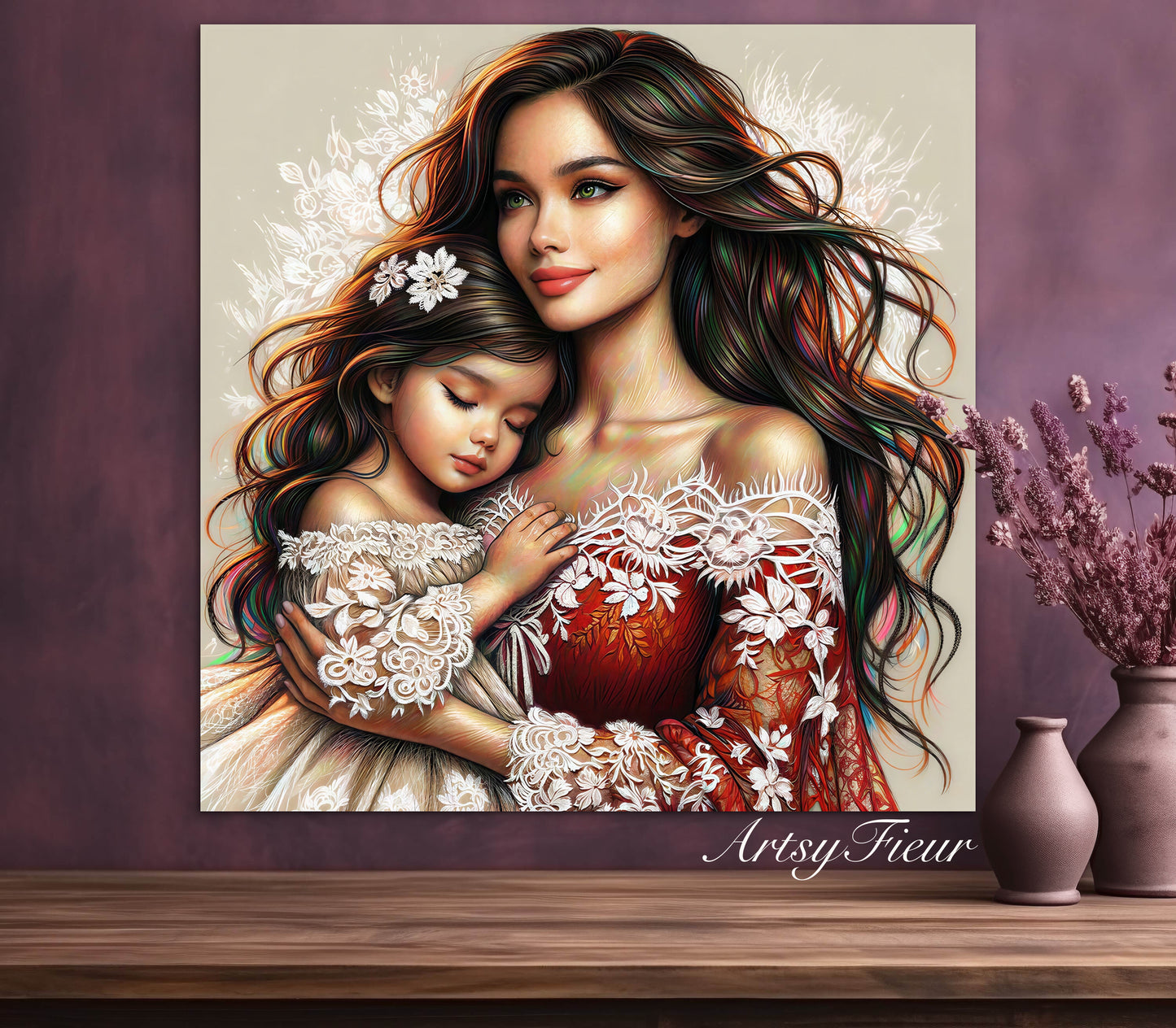 Framed canvas- ready to hang wall art print, abstract colourful mother and daughter portrait original artwork, vibrant colours, fantasy coloured crayons drawing, brunette dark hair mum and baby daughter, motherhood, mothers day gift, unique one of a kind