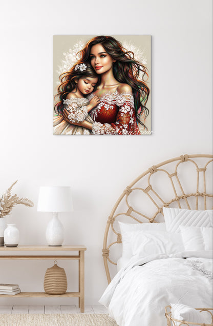 Framed canvas- ready to hang wall art print, abstract colourful mother and daughter portrait original artwork, vibrant colours, fantasy coloured crayons drawing, brunette dark hair mum and baby daughter, motherhood, mothers day gift, unique one of a kind