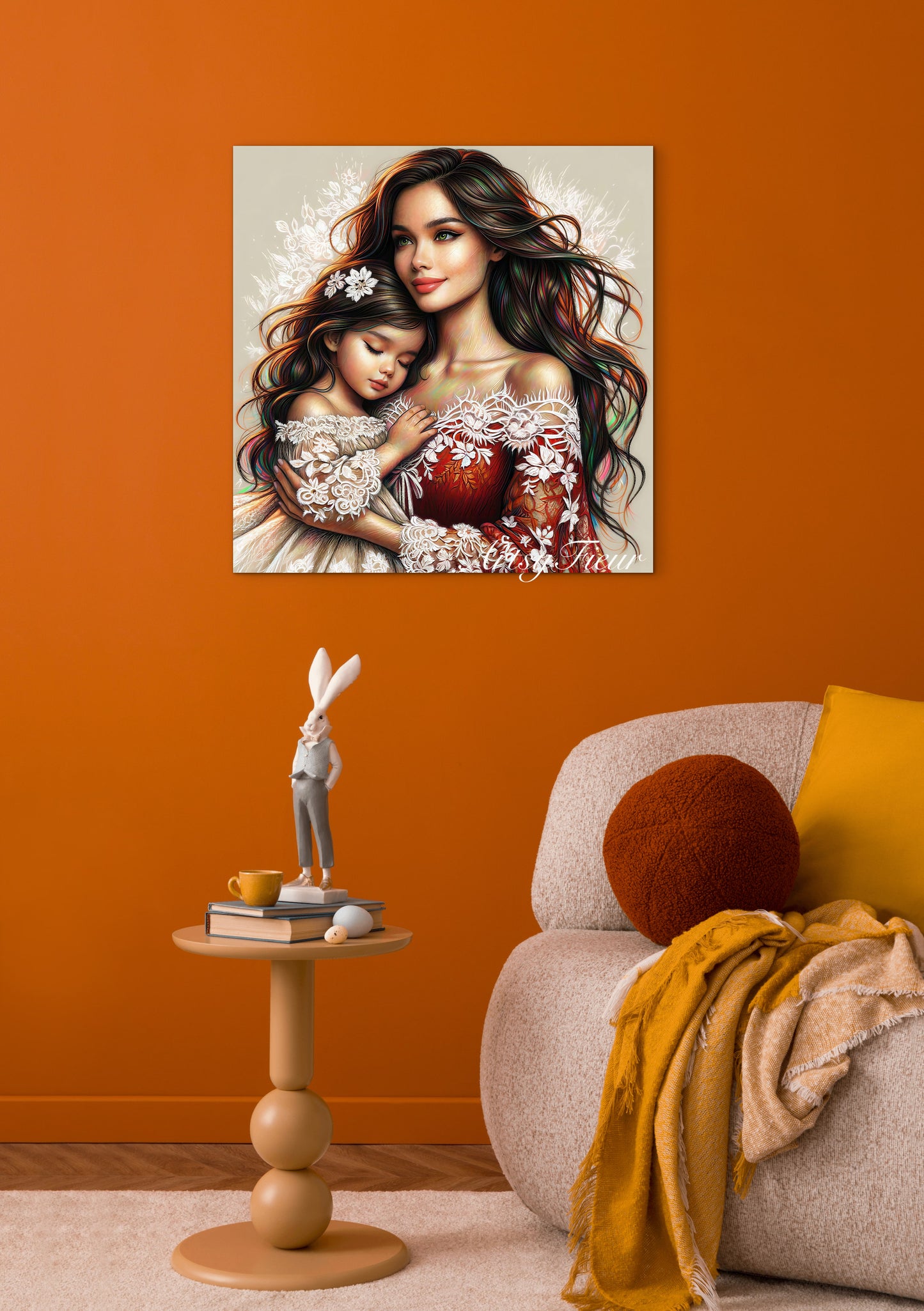Framed canvas- ready to hang wall art print, abstract colourful mother and daughter portrait original artwork, vibrant colours, fantasy coloured crayons drawing, brunette dark hair mum and baby daughter, motherhood, mothers day gift, unique one of a kind