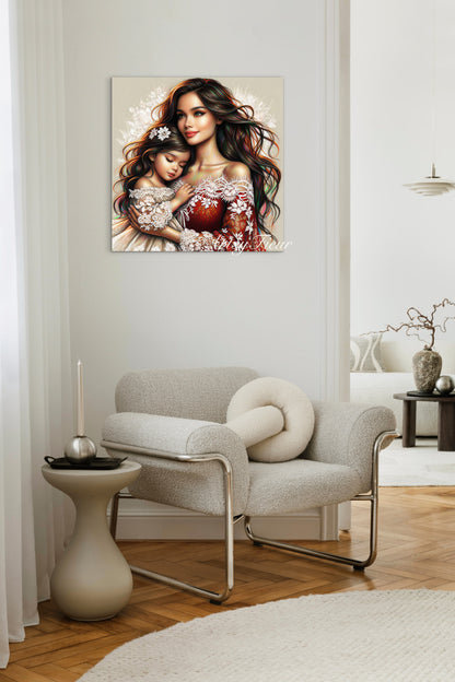 Framed canvas- ready to hang wall art print, abstract colourful mother and daughter portrait original artwork, vibrant colours, fantasy coloured crayons drawing, brunette dark hair mum and baby daughter, motherhood, mothers day gift, unique one of a kind