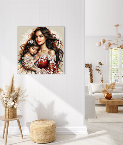 Framed canvas- ready to hang wall art print, abstract colourful mother and daughter portrait original artwork, vibrant colours, fantasy coloured crayons drawing, brunette dark hair mum and baby daughter, motherhood, mothers day gift, unique one of a kind