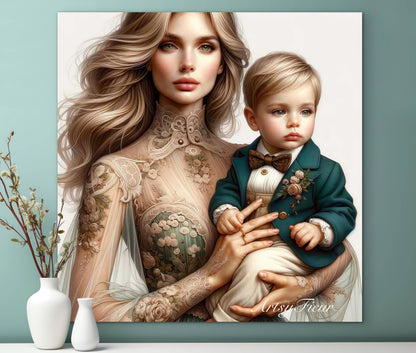 Framed canvas- ready to hang, abstract portrait mother and son beautiful blonde baby boy blue eyes vibrant colours motherhood love wall art