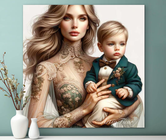 Framed canvas- ready to hang, abstract portrait mother and son beautiful blonde baby boy blue eyes vibrant colours motherhood love wall art
