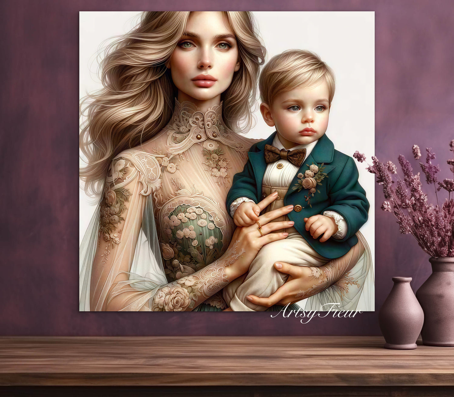 Framed canvas- ready to hang, abstract portrait mother and son beautiful blonde baby boy blue eyes vibrant colours motherhood love wall art