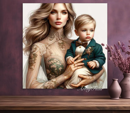 Framed canvas- ready to hang, abstract portrait mother and son beautiful blonde baby boy blue eyes vibrant colours motherhood love wall art