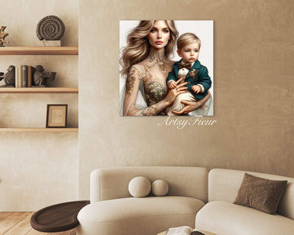 Framed canvas- ready to hang, abstract portrait mother and son beautiful blonde baby boy blue eyes vibrant colours motherhood love wall art
