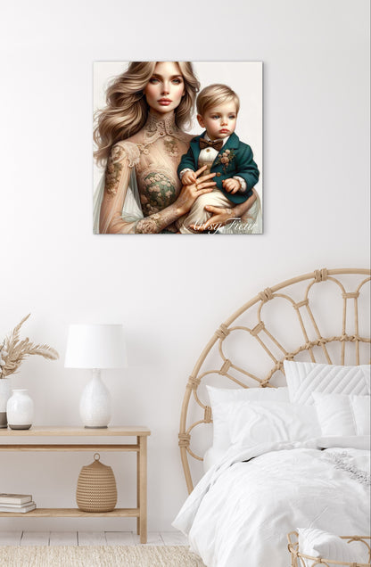 Framed canvas- ready to hang, abstract portrait mother and son beautiful blonde baby boy blue eyes vibrant colours motherhood love wall art