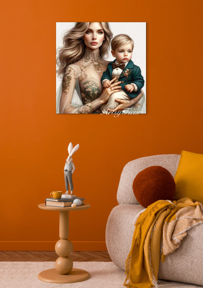 Framed canvas- ready to hang, abstract portrait mother and son beautiful blonde baby boy blue eyes vibrant colours motherhood love wall art