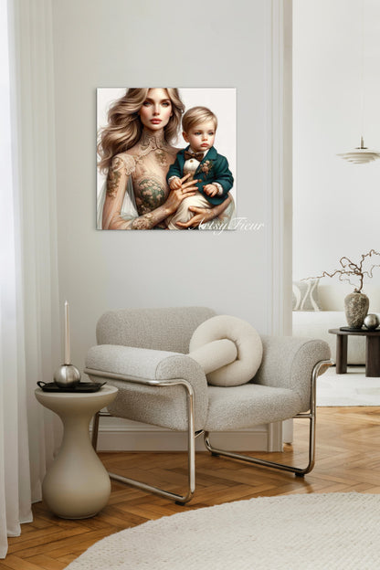 Framed canvas- ready to hang, abstract portrait mother and son beautiful blonde baby boy blue eyes vibrant colours motherhood love wall art