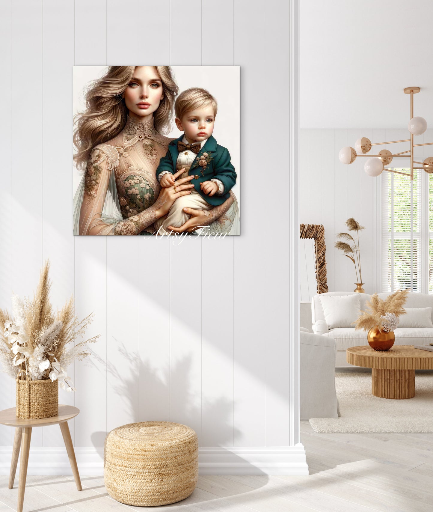Framed canvas- ready to hang, abstract portrait mother and son beautiful blonde baby boy blue eyes vibrant colours motherhood love wall art