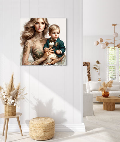 Framed canvas- ready to hang, abstract portrait mother and son beautiful blonde baby boy blue eyes vibrant colours motherhood love wall art