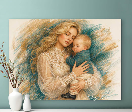 Framed canvas- ready to hang wall art, abstract coloured crayon contour mother and son portrait blonde hair mum and baby boy fantasy print