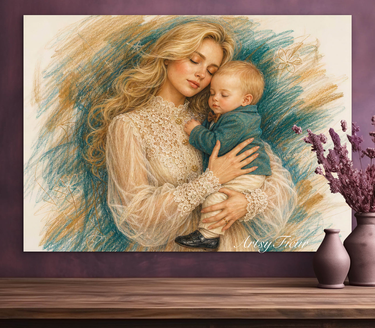 Framed canvas- ready to hang wall art, abstract coloured crayon contour mother and son portrait blonde hair mum and baby boy fantasy print