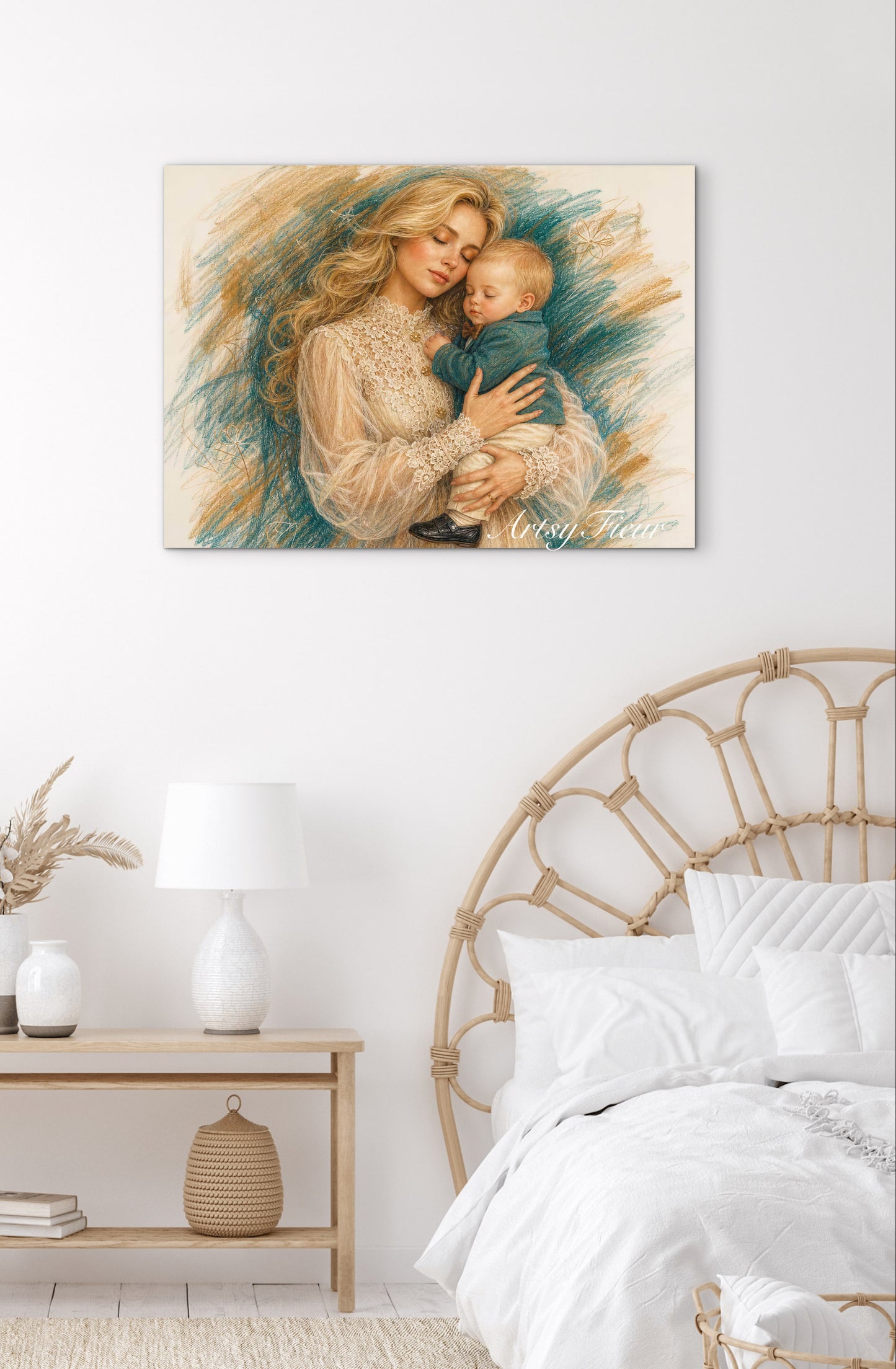 Framed canvas- ready to hang wall art, abstract coloured crayon contour mother and son portrait blonde hair mum and baby boy fantasy print