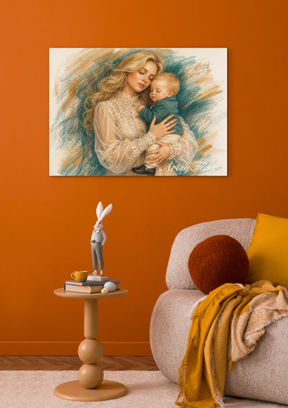 Framed canvas- ready to hang wall art, abstract coloured crayon contour mother and son portrait blonde hair mum and baby boy fantasy print
