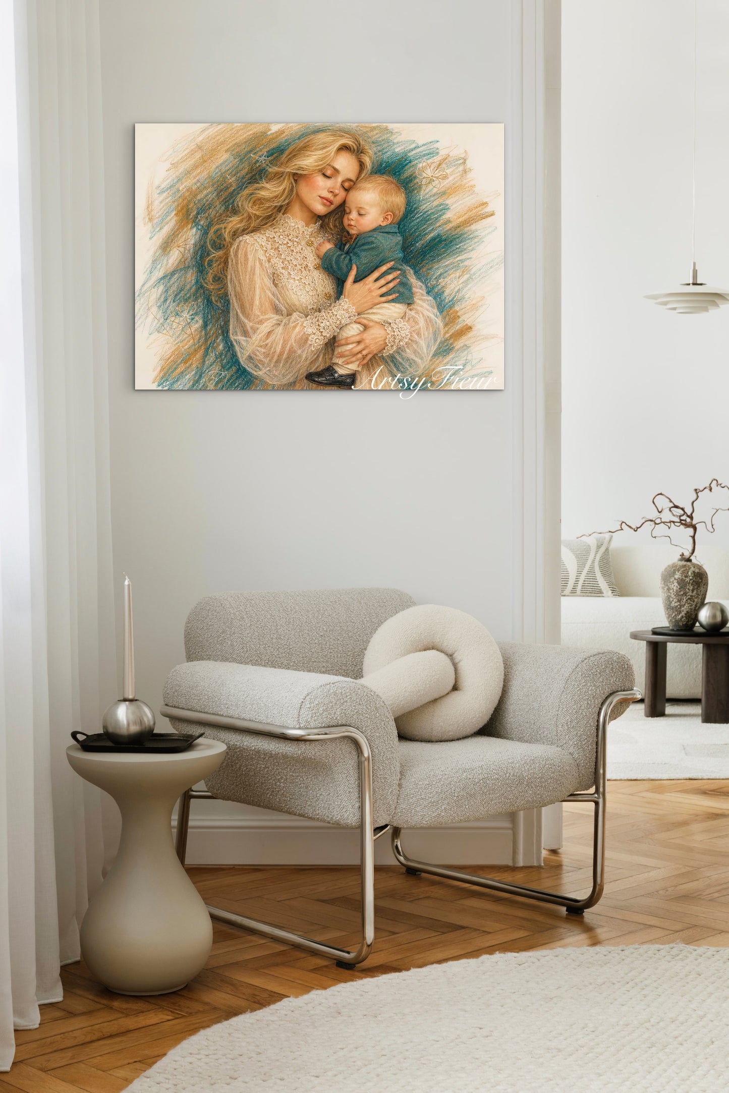 Framed canvas- ready to hang wall art, abstract coloured crayon contour mother and son portrait blonde hair mum and baby boy fantasy print