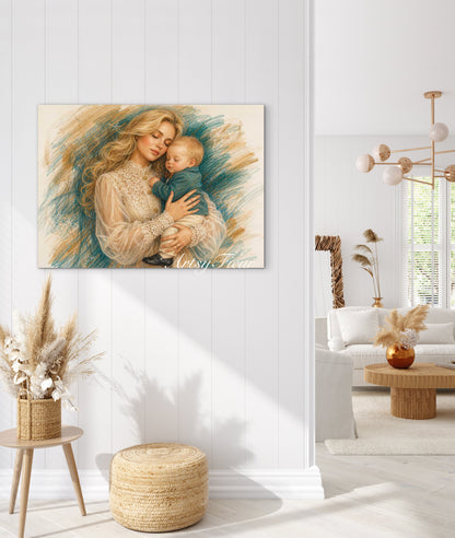 Framed canvas- ready to hang wall art, abstract coloured crayon contour mother and son portrait blonde hair mum and baby boy fantasy print