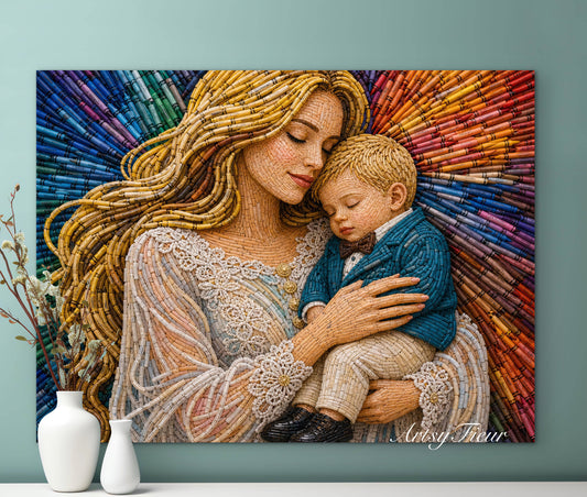 Framed canvas- ready to hang wall art. Mother and son abstract crayons fantasy portrait blonde baby boy mother and baby a mothers love motherhood glow vibrant colours beautiful blonde woman unique gift original artwork
