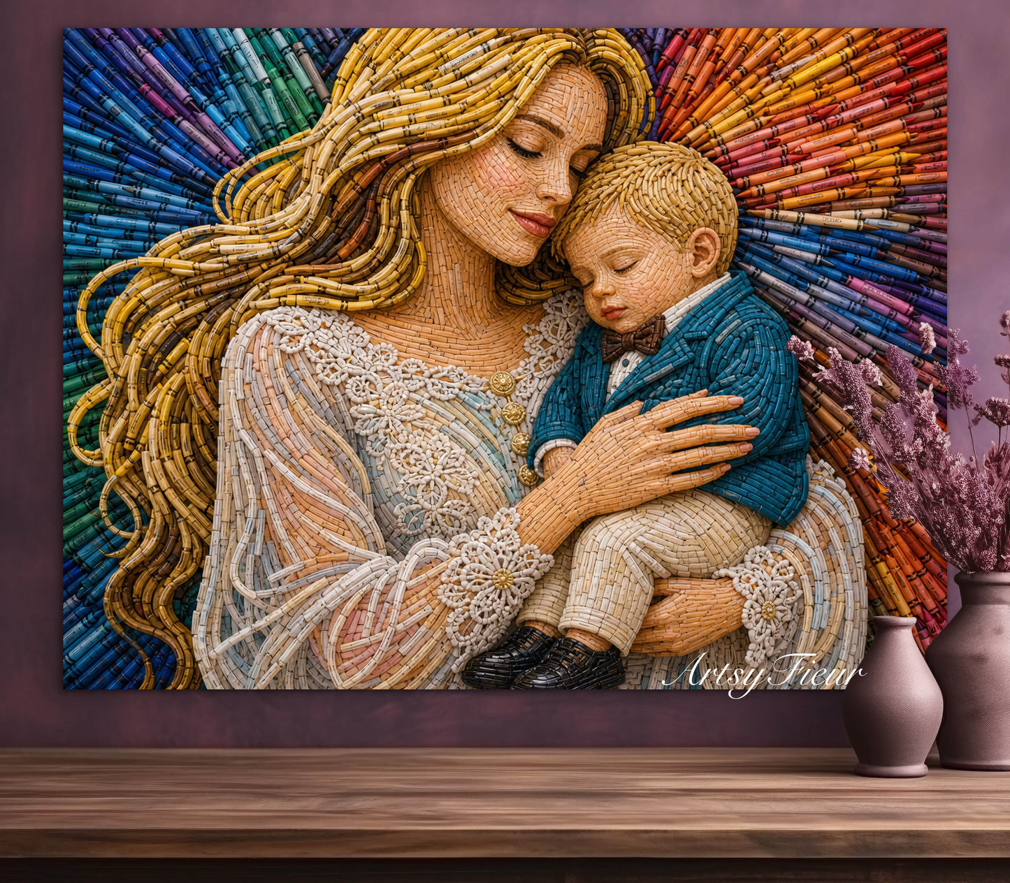 Framed canvas- ready to hang wall art. Mother and son abstract crayons fantasy portrait blonde baby boy mother and baby a mothers love motherhood glow vibrant colours beautiful blonde woman unique gift original artwork