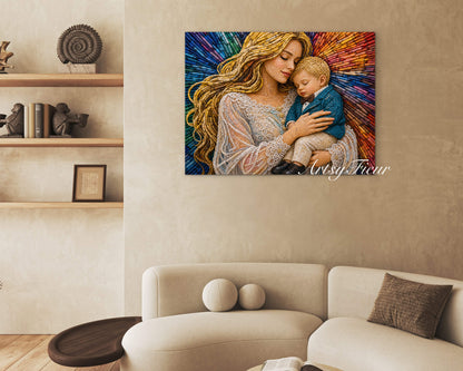 Framed canvas- ready to hang wall art. Mother and son abstract crayons fantasy portrait blonde baby boy mother and baby a mothers love motherhood glow vibrant colours beautiful blonde woman unique gift original artwork