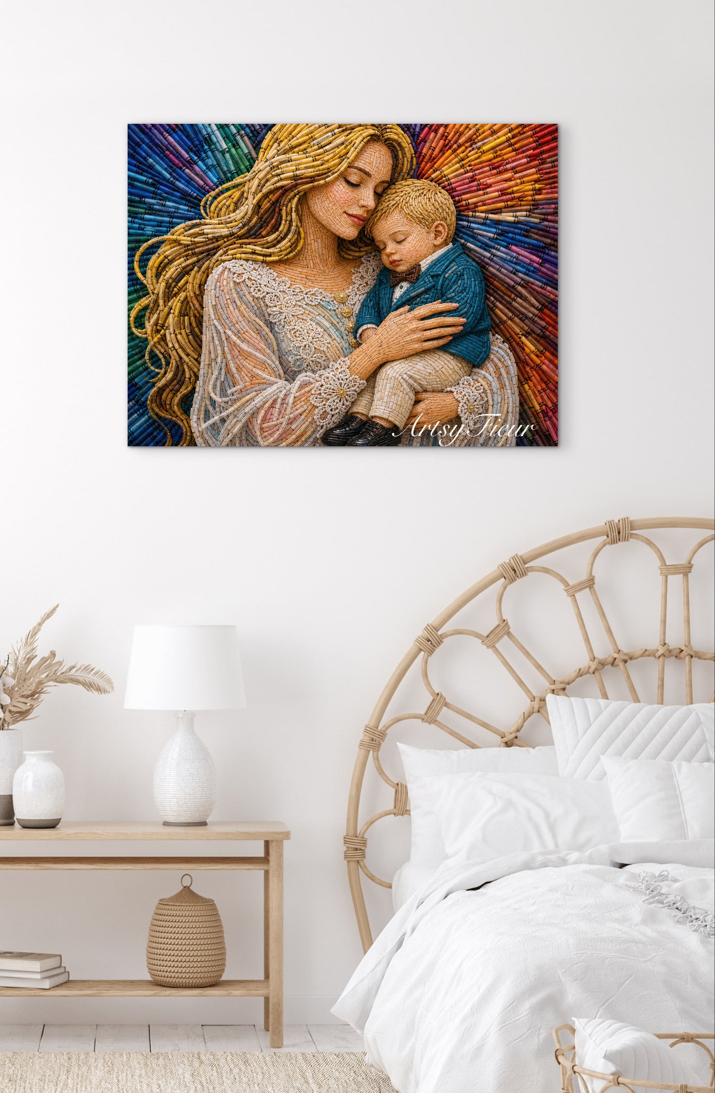 Framed canvas- ready to hang wall art. Mother and son abstract crayons fantasy portrait blonde baby boy mother and baby a mothers love motherhood glow vibrant colours beautiful blonde woman unique gift original artwork