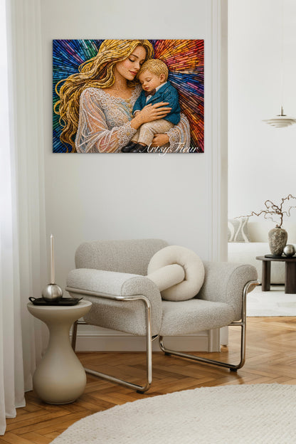 Framed canvas- ready to hang wall art. Mother and son abstract crayons fantasy portrait blonde baby boy mother and baby a mothers love motherhood glow vibrant colours beautiful blonde woman unique gift original artwork