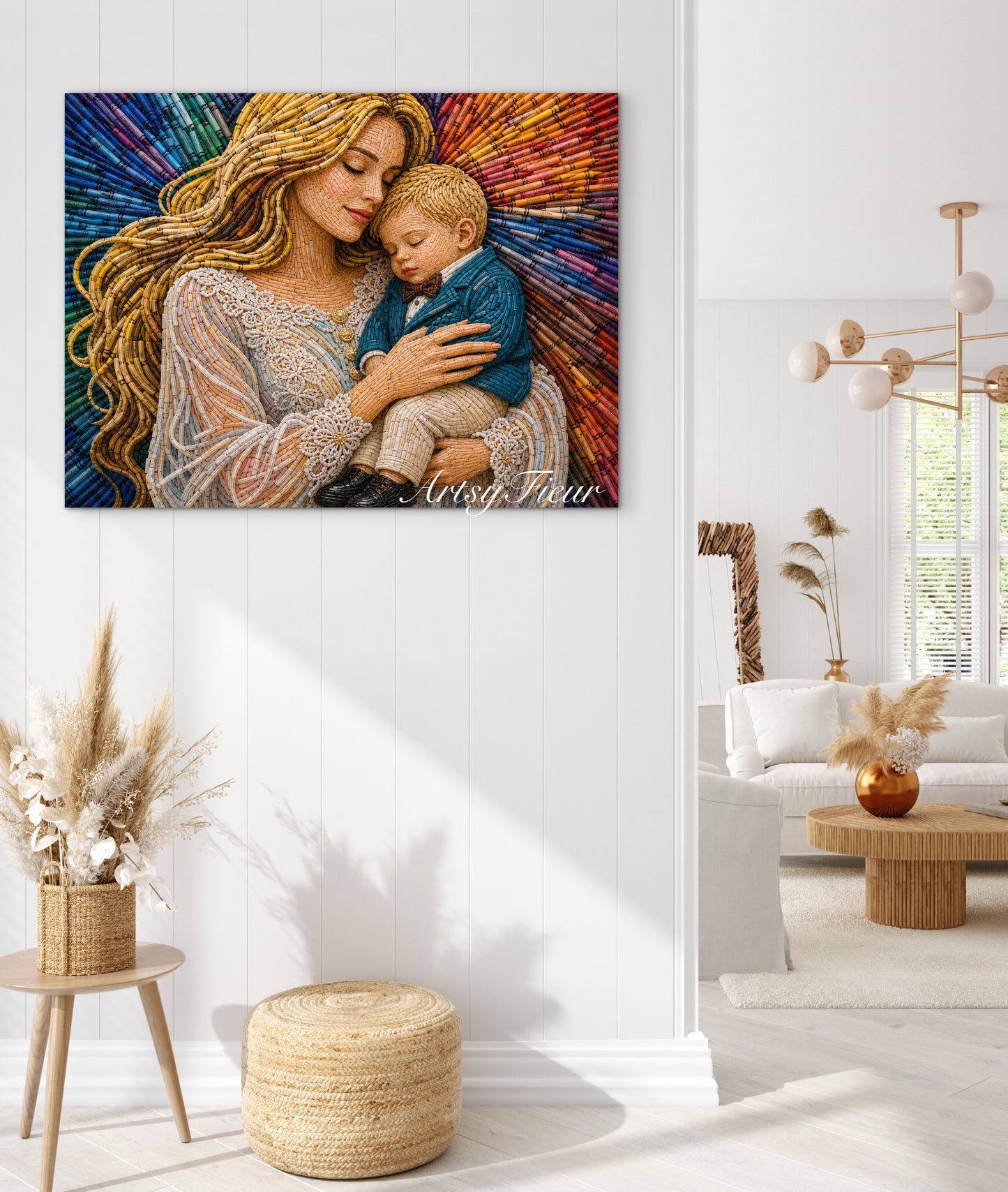 Framed canvas- ready to hang wall art. Mother and son abstract crayons fantasy portrait blonde baby boy mother and baby a mothers love motherhood glow vibrant colours beautiful blonde woman unique gift original artwork