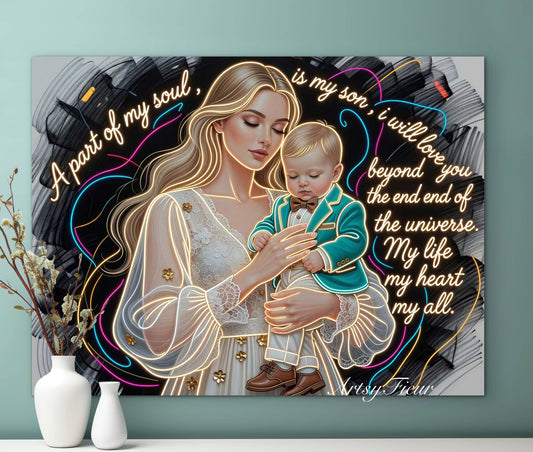 Framed canvas- ready to hang wall art. Beautiful portrait mother and son vibrant colours gold contour lights motherhood quotes blonde hair baby boy blonde beautiful woman mothers love