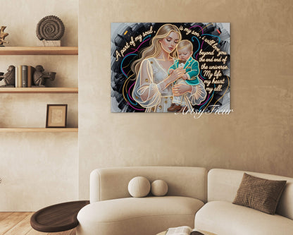 Framed canvas- ready to hang wall art. Beautiful portrait mother and son vibrant colours gold contour lights motherhood quotes blonde hair baby boy blonde beautiful woman mothers love