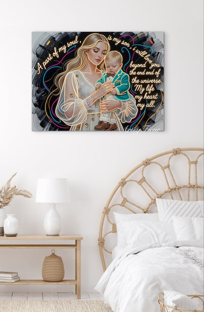 Framed canvas- ready to hang wall art. Beautiful portrait mother and son vibrant colours gold contour lights motherhood quotes blonde hair baby boy blonde beautiful woman mothers love