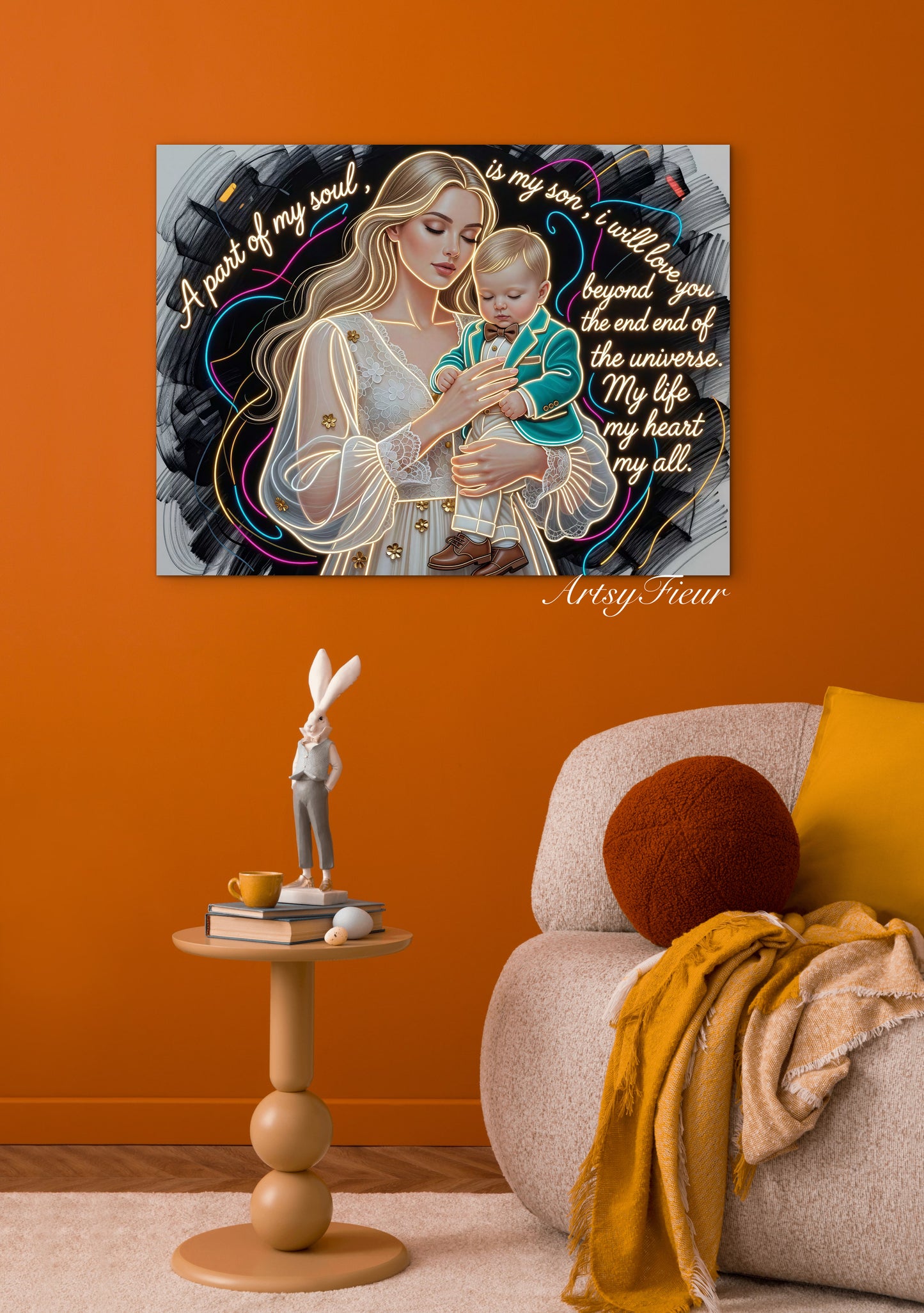 Framed canvas- ready to hang wall art. Beautiful portrait mother and son vibrant colours gold contour lights motherhood quotes blonde hair baby boy blonde beautiful woman mothers love