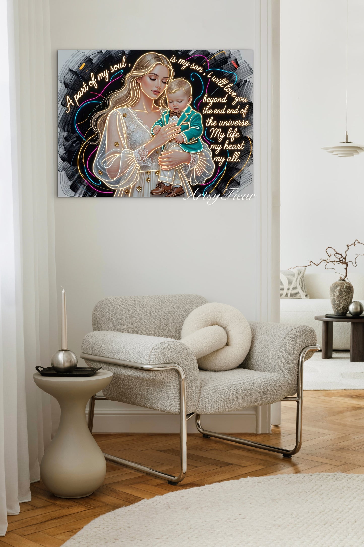Framed canvas- ready to hang wall art. Beautiful portrait mother and son vibrant colours gold contour lights motherhood quotes blonde hair baby boy blonde beautiful woman mothers love