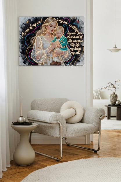 Framed canvas- ready to hang wall art. Beautiful portrait mother and son vibrant colours gold contour lights motherhood quotes blonde hair baby boy blonde beautiful woman mothers love