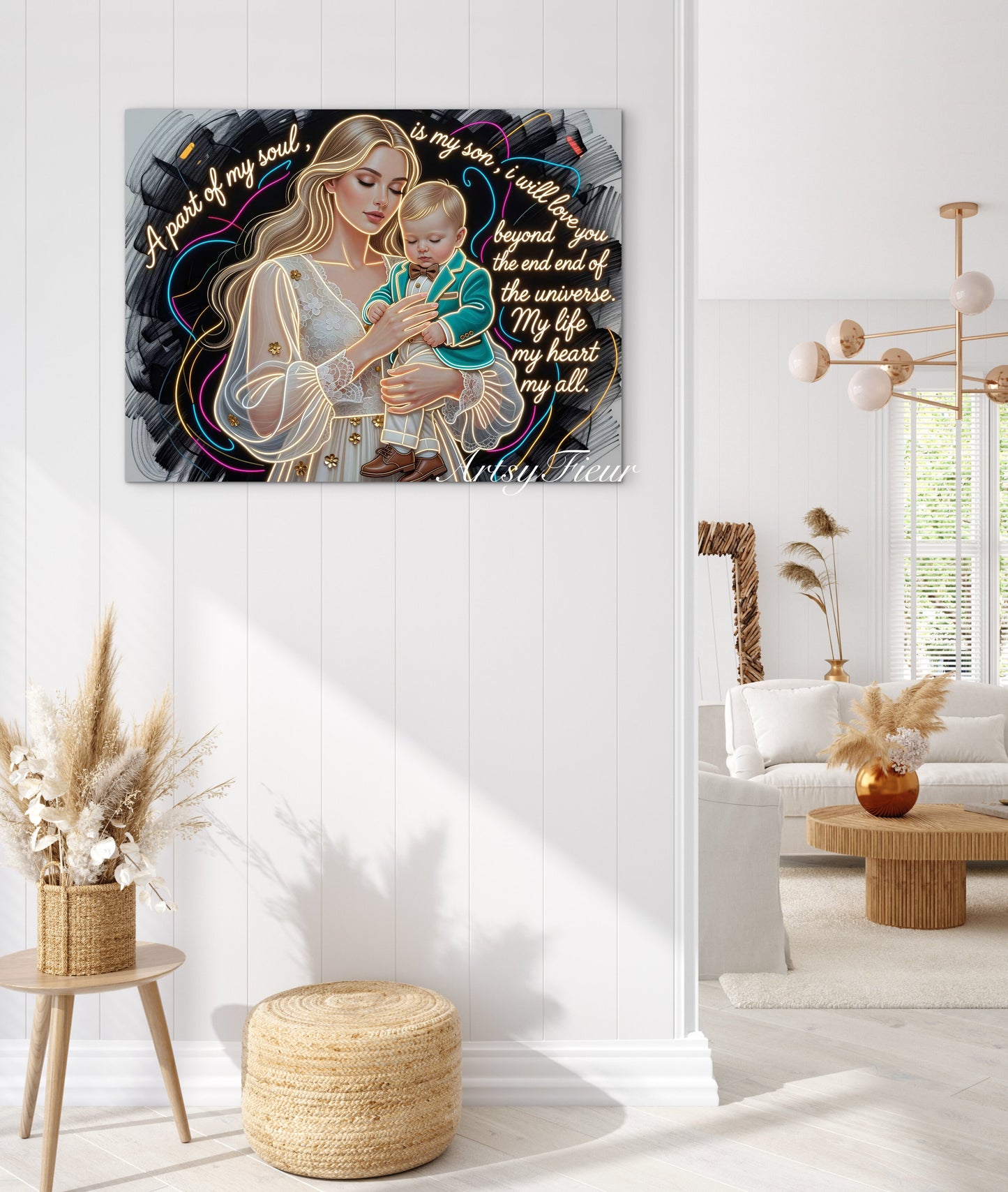 Framed canvas- ready to hang wall art. Beautiful portrait mother and son vibrant colours gold contour lights motherhood quotes blonde hair baby boy blonde beautiful woman mothers love