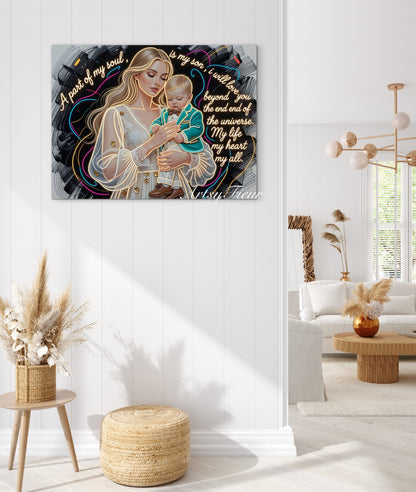 Framed canvas- ready to hang wall art. Beautiful portrait mother and son vibrant colours gold contour lights motherhood quotes blonde hair baby boy blonde beautiful woman mothers love