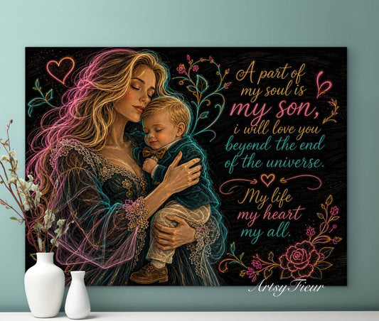Framed canvas- ready to hang wall art. Mother and son abstract portrait fantasy coloured crayons motherhood quotes blonde woman baby boy blonde hair mum and baby