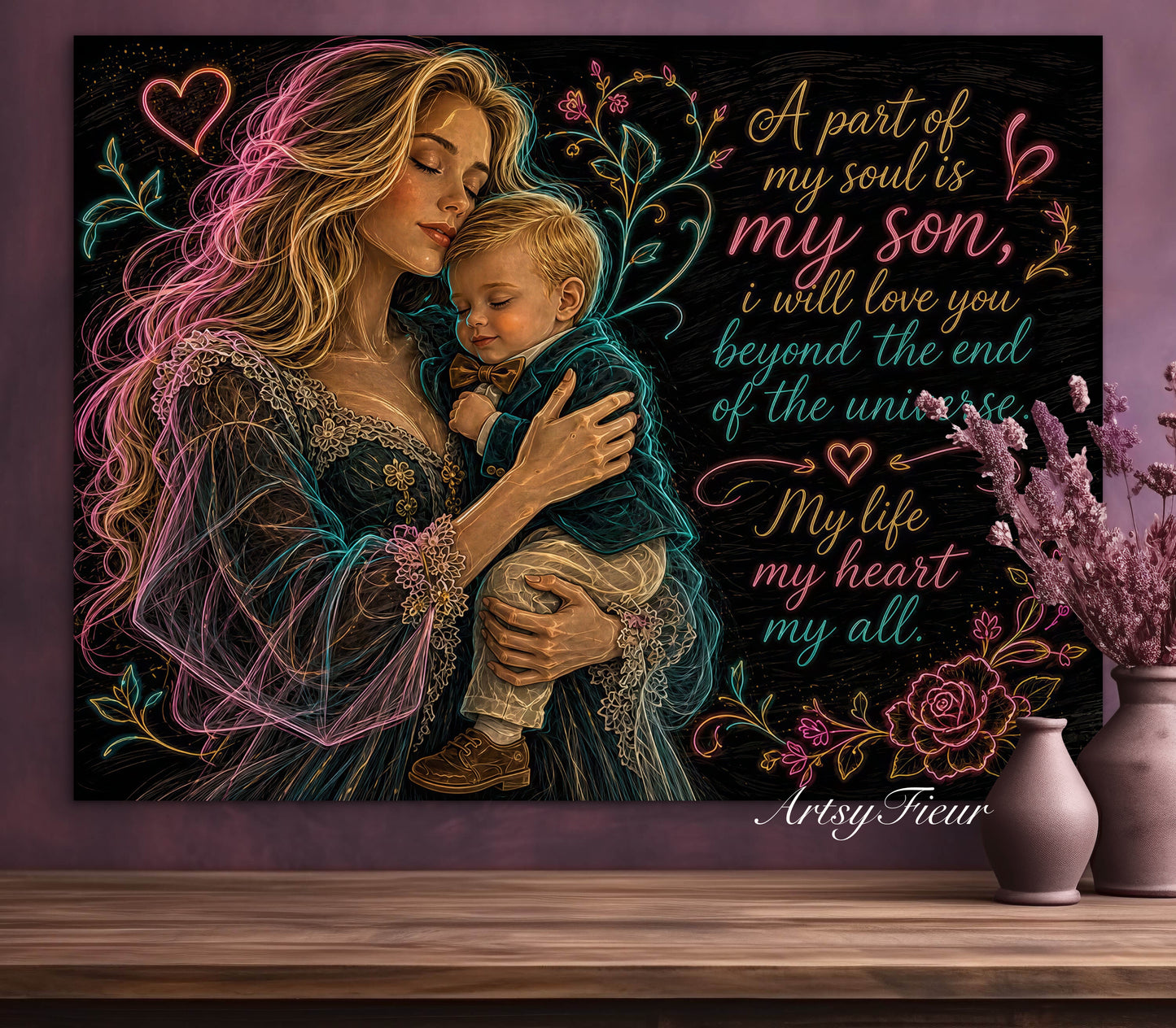 Framed canvas- ready to hang wall art. Mother and son abstract portrait fantasy coloured crayons motherhood quotes blonde woman baby boy blonde hair mum and baby