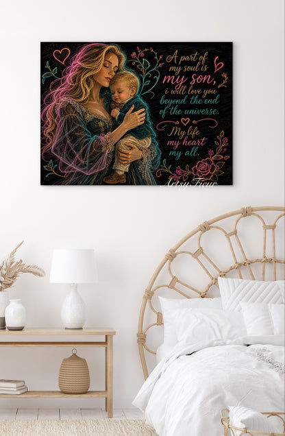 Framed canvas- ready to hang wall art. Mother and son abstract portrait fantasy coloured crayons motherhood quotes blonde woman baby boy blonde hair mum and baby