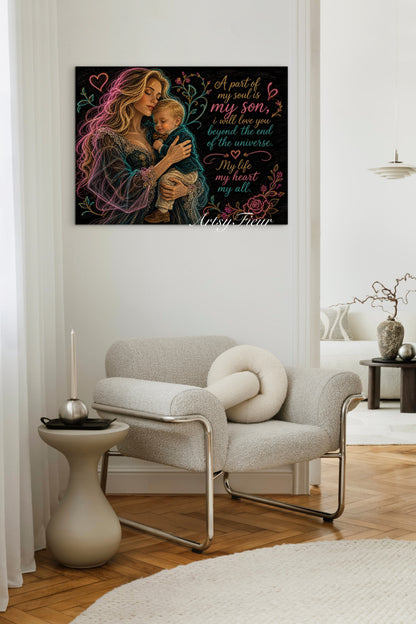 Framed canvas- ready to hang wall art. Mother and son abstract portrait fantasy coloured crayons motherhood quotes blonde woman baby boy blonde hair mum and baby