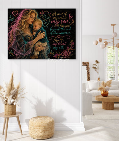Framed canvas- ready to hang wall art. Mother and son abstract portrait fantasy coloured crayons motherhood quotes blonde woman baby boy blonde hair mum and baby
