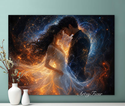 Framed Canvas- ready to hang abstract portrait soulmates wedding lovers him and her vibrant colours universe light engagement gift fantasy wall art