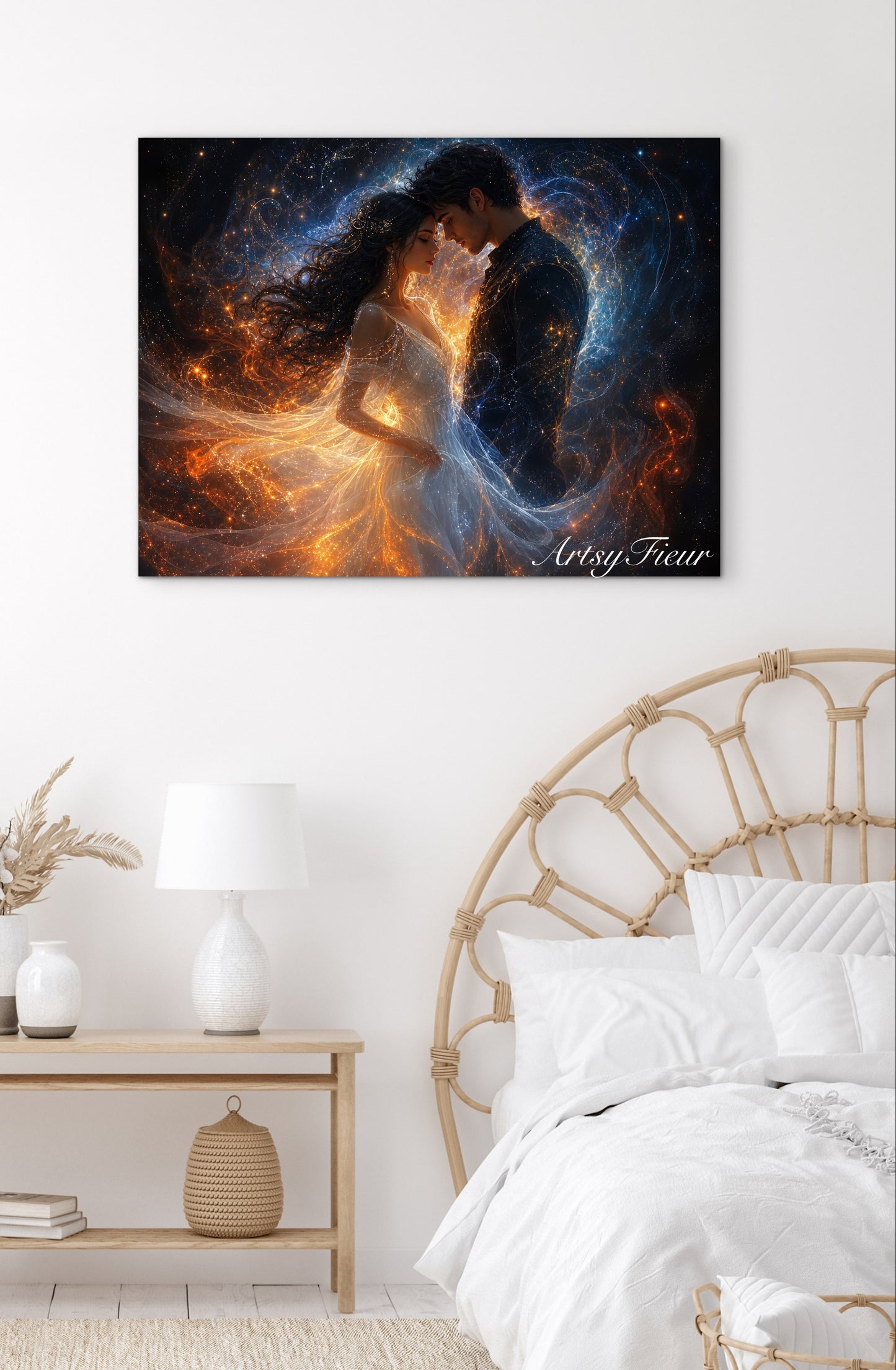 Framed Canvas- ready to hang abstract portrait soulmates wedding lovers him and her vibrant colours universe light engagement gift fantasy wall art