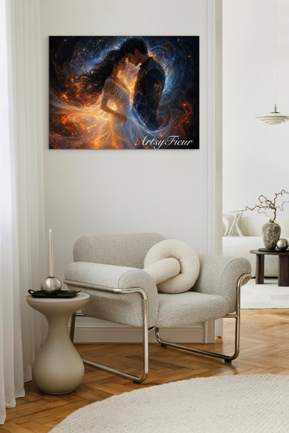 Framed Canvas- ready to hang abstract portrait soulmates wedding lovers him and her vibrant colours universe light engagement gift fantasy wall art