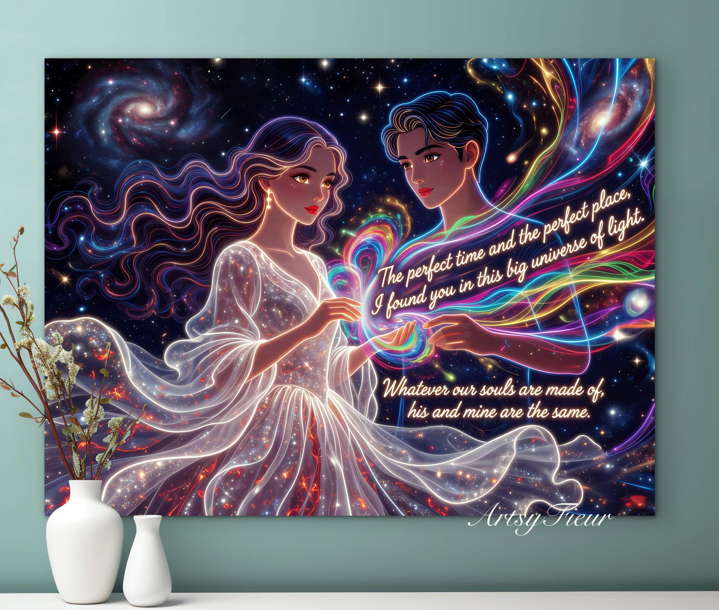 Framed canvas- ready to hang beautiful abstract lights lovers portrait soulmates him and her portrait engagement gift fantasy wall art colourful vibrant colours bride wedding celebration